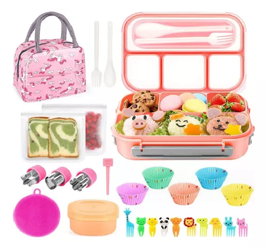 Set lonchera térmica y fiambrera para niños y adultos color rosado