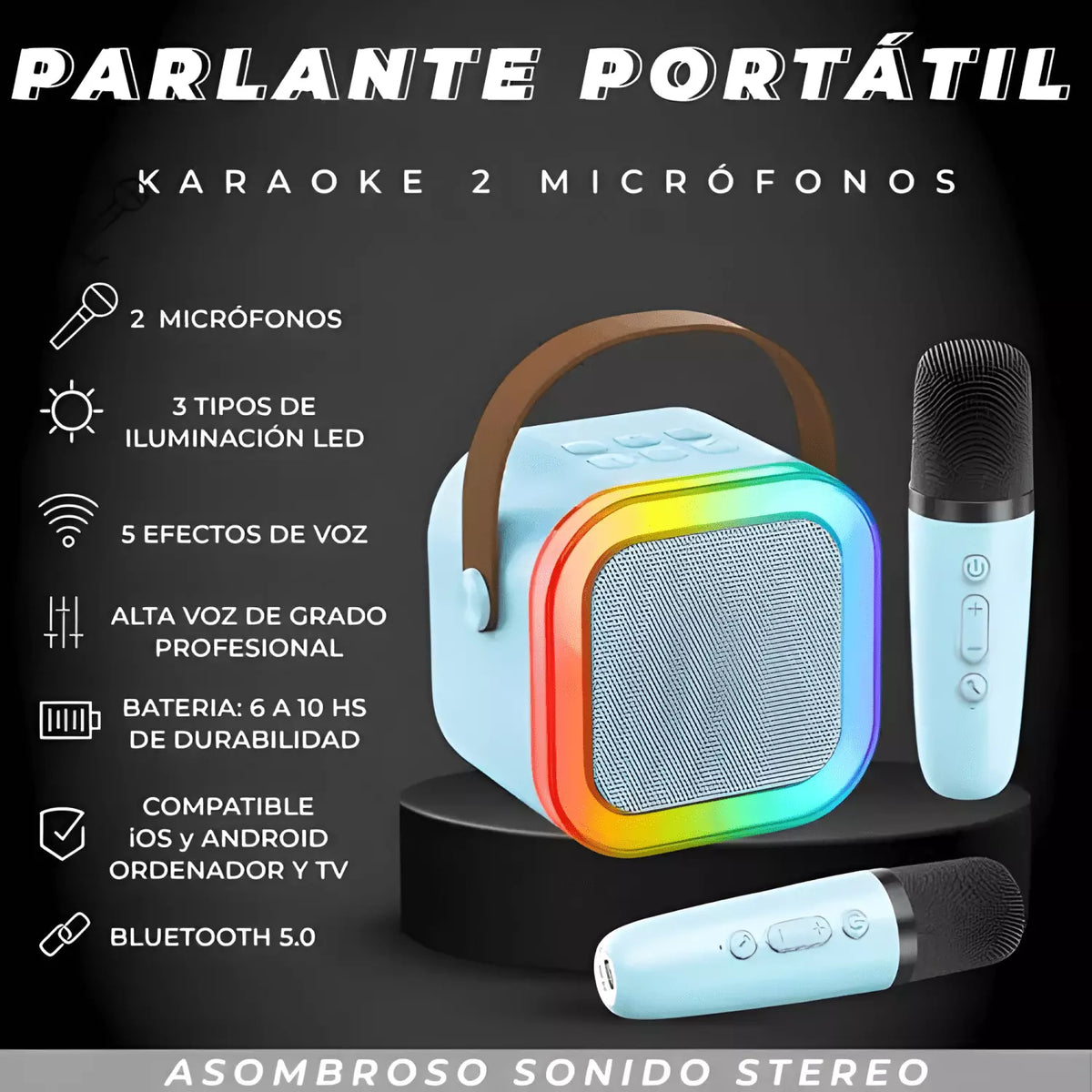 Parlante Karaoke Mti Rgb K12 Portátil 10w Inalámbrico Celeste