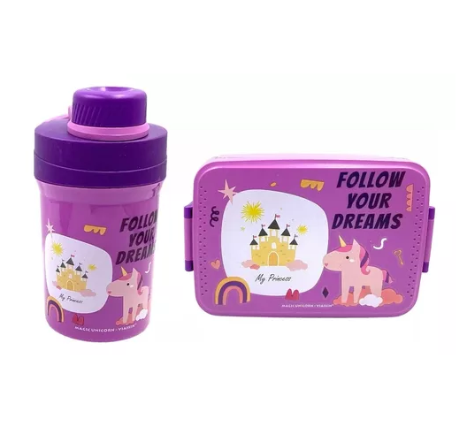 Set de lonchera, fiambrera y botella para niños, diseño infantil, color violeta
