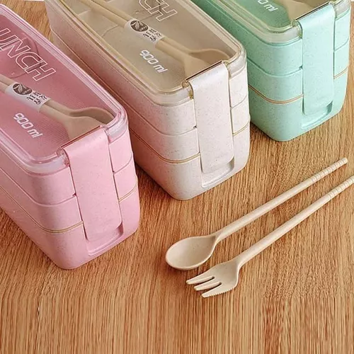 Lonchera de comida de 3 niveles con cuchara y tenedor, 900 ml, color verde