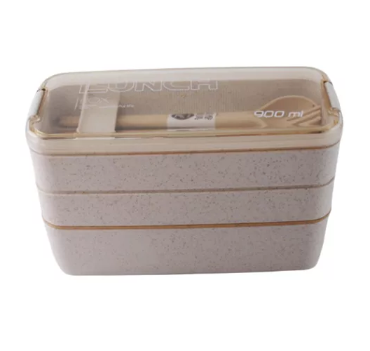 Lonchera de comida de 3 niveles con cuchara y tenedor, 900 ml, color beige