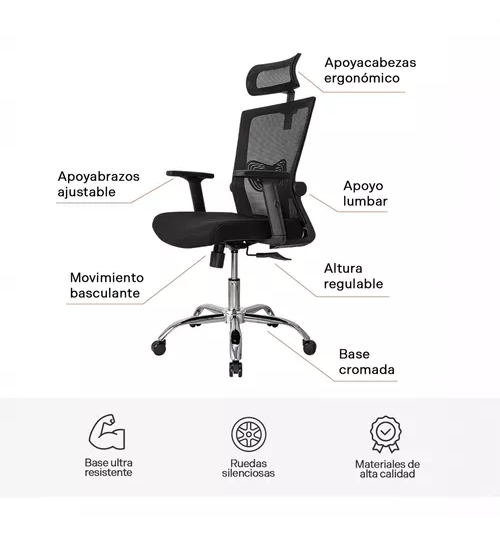 Silla de oficina presidente Ergonomus Delphi base cromada color negro