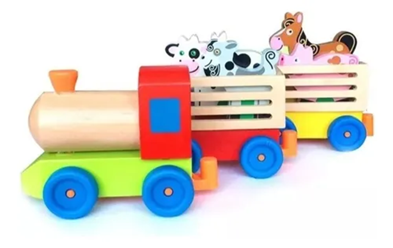 Tren madera granja con animales multicolor